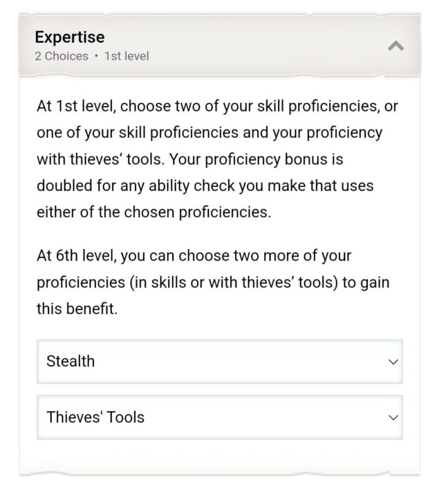 D&D Beyond App Character Creation Class Page Rogue Expertise