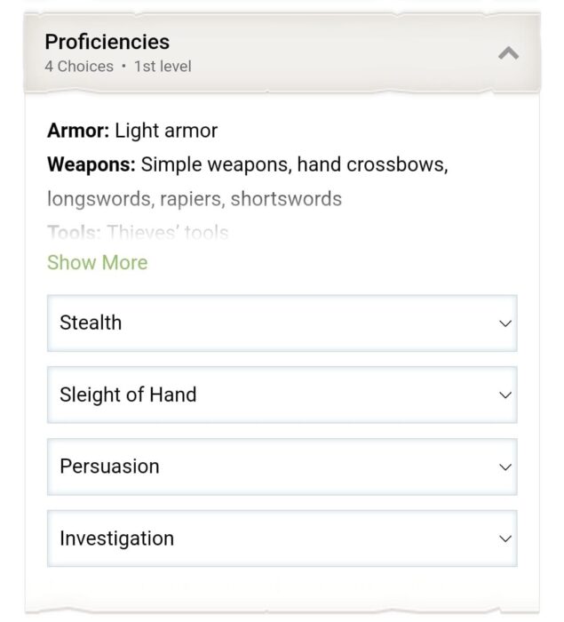 D&D Beyond App Character Creation Class Page Rogue Proficiencies