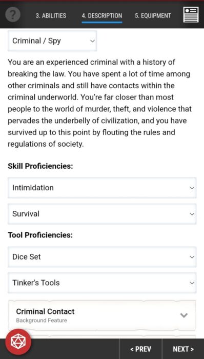 D&D Beyond App Character Creation Description Page Criminal Spy Skill Proficiencies Tool Proficiencies