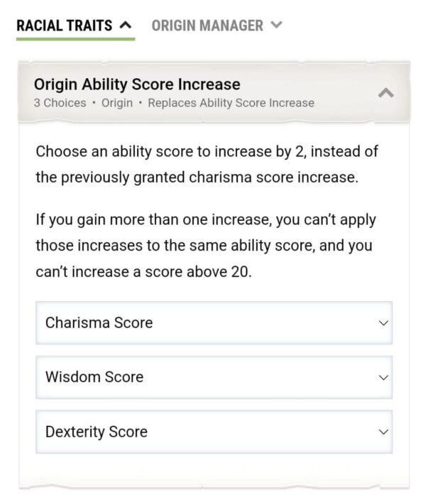 D&D Beyond App Character Creation Race Page Origin Ability Score Increase